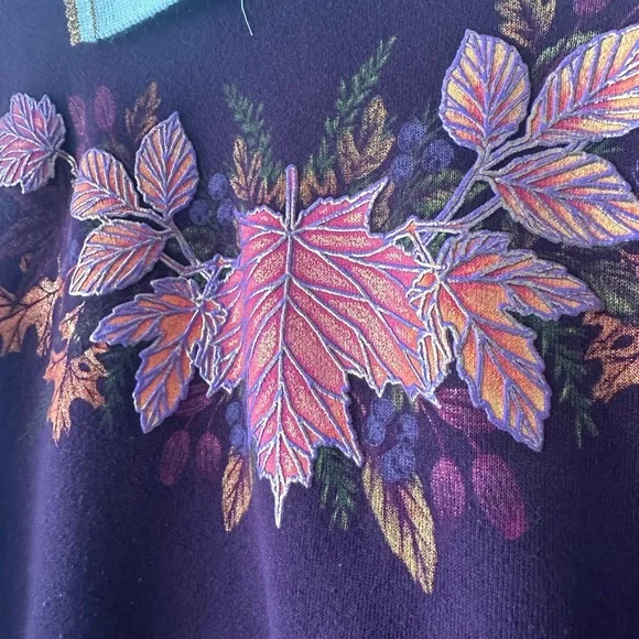 VINTAGE 90s COLLARED SWEATSHIRT FALL LEAF DESIGN PURPLE LARGE MADE IN USA - Picture 4 of 9
